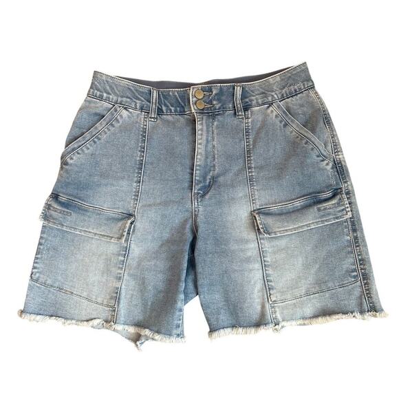 Democracy AB Technology jean denim shorts stretch front hip pockets raw hem S 12 - Picture 2 of 9
